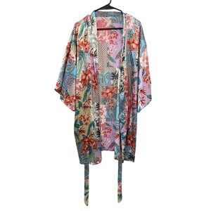 Tropical Floral Kimono Cover Up XL Pink Belted Resort Vacation Boho Coastal